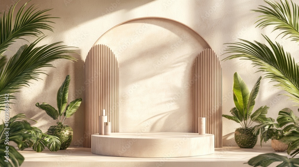 Poster 3D rendering of a podium display in a bohemian style An advertising stand featuring abstract shapes and palm leaves A pastel minimalist background suitable for showcasing cosmetics and products
