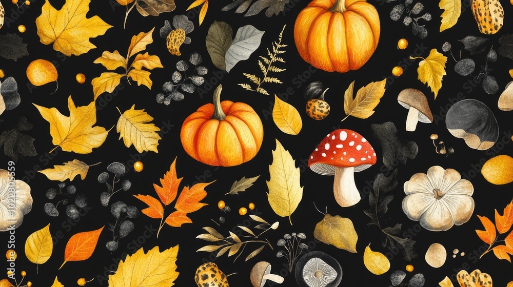 Poster charming autumn pattern featuring pumpkins yellow leaves and mushrooms set against a black backgroun