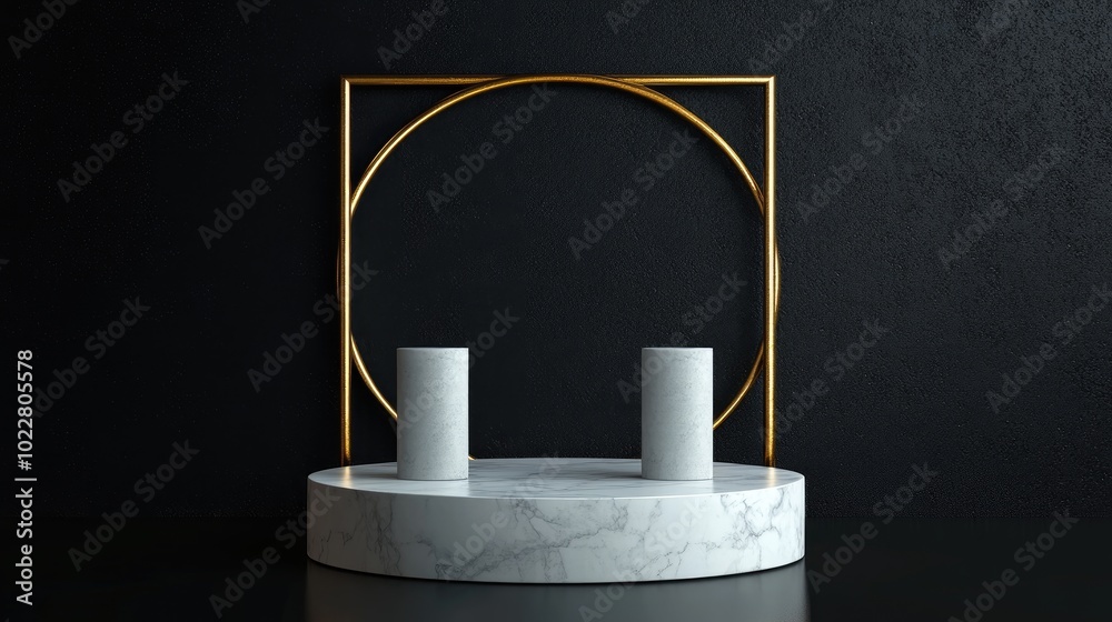 Poster 3D rendering of a white marble pedestal on a black background featuring a gold square frame and two cylindrical blocks embodying an abstract minimal concept with blank space and a simple clean des