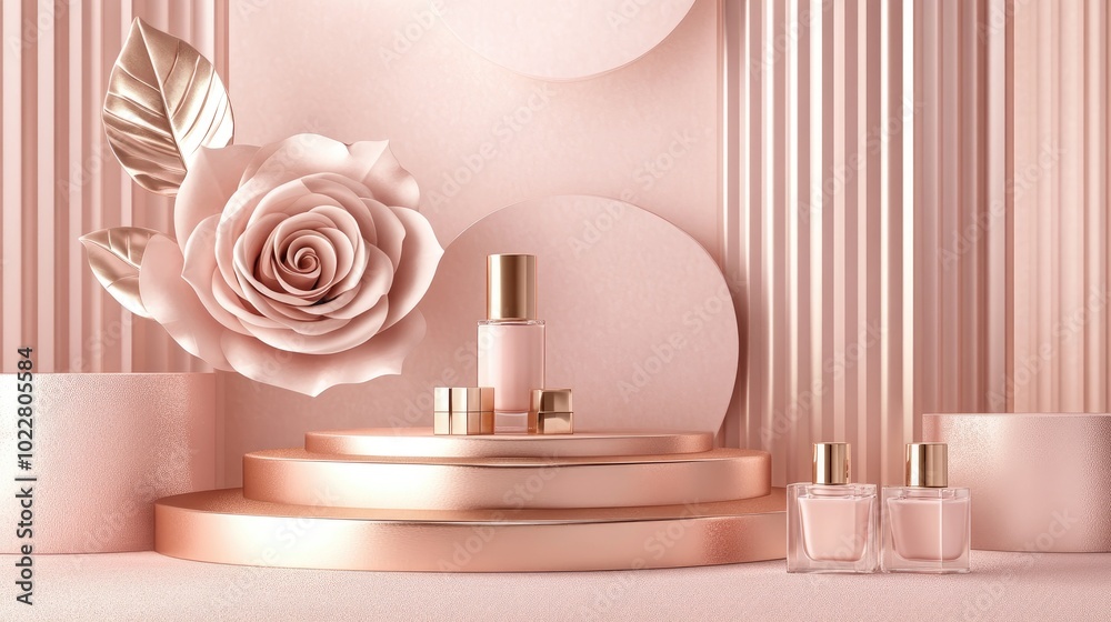 Aufkleber 3d empty background scene featuring a gold rose podium display for cosmetics products in a pastel co