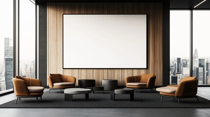 Modern office lounge area with panoramic city views, featuring stylish brown chairs, low round tables, a large wooden accent wall, and a blank whiteboard or screen.