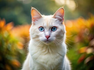 Obraz premium Stunning White Cat with Striking Blue Eyes Posing Gracefully in a Natural Outdoor Setting