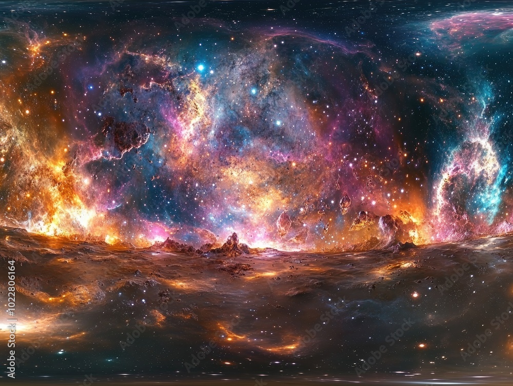 Aufkleber 360 degree space nebula panorama with an equirectangular projection featuring an HDRI spherical background filled with stars and a vibrant nebula created in 3D