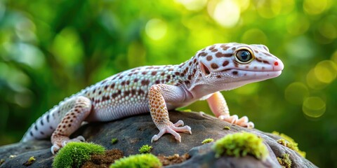 Naklejka premium Stunning White Leopard Gecko on Natural Rock Surface with Vibrant Green Background in Soft Light