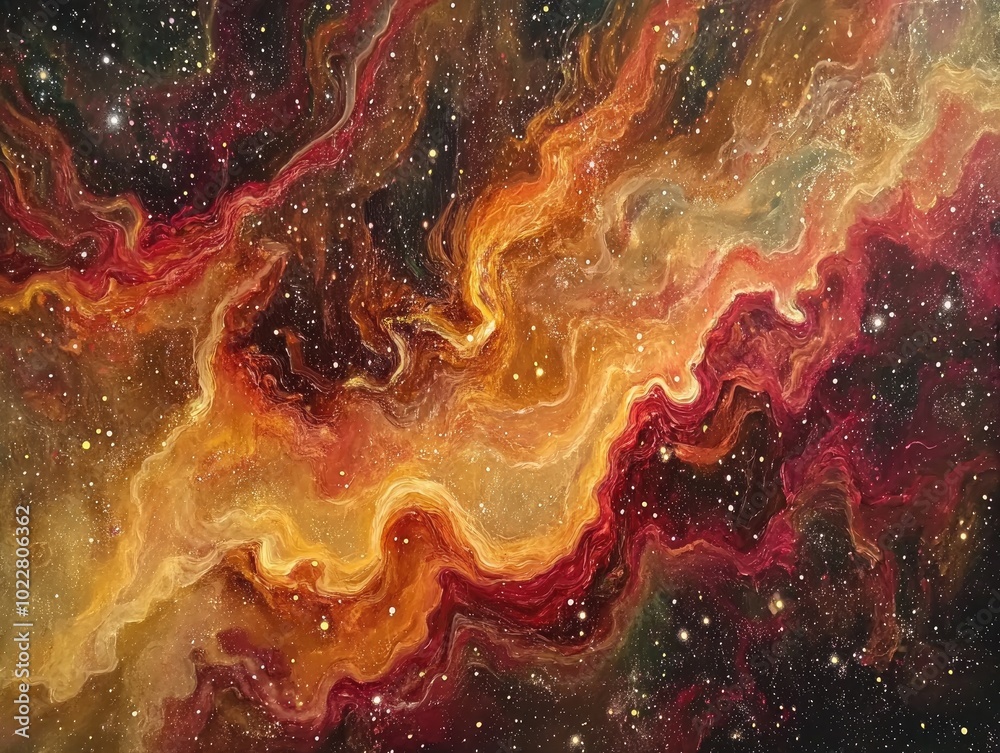 Aufkleber abstract fantasy nebula featuring red brown and yellow hues with shiny starry clouds set against a c