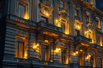 Obraz premium Illuminated historic building exterior at night in urban setting