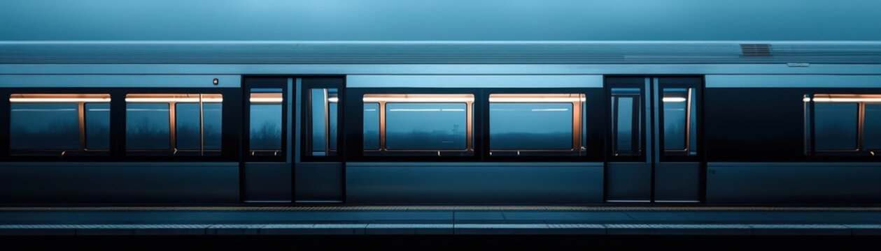 Modern subway train interior with empty seats, urban environment, sleek design, blue lighting.