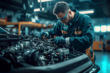 Skilled mechanic working on a car engine in a workshop at night