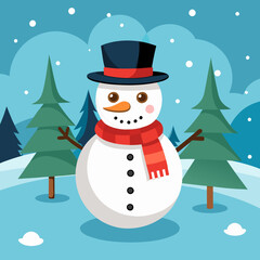 A cute snowman wearing a red scarf, black top hat, carrot nose, and stick arms, standing in a snowy landscape with pine trees.