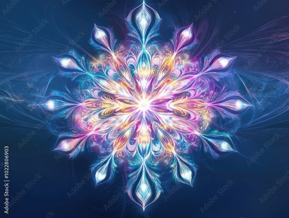 Poster abstract illustration of a fantasy snowflake featuring vibrant light elements in eps10 format