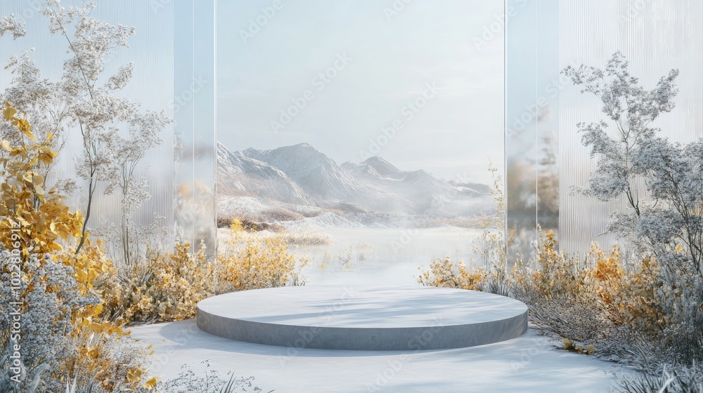 Aufkleber Abstract natural field scene featuring a podium for product display set against a frosted glass backdrop 3D rendering