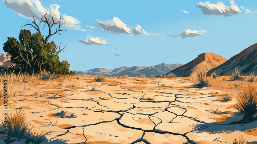 Poster 2d cartoon depiction of parched ground with visible cracks resulting from an extended dry period
