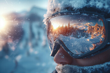 A person wearing goggles is looking out at a snowy mountain