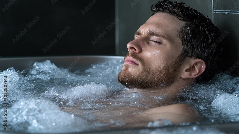 Poster man taking a deep breath in a cold water tub with facial expression of intense focus stock photo wit