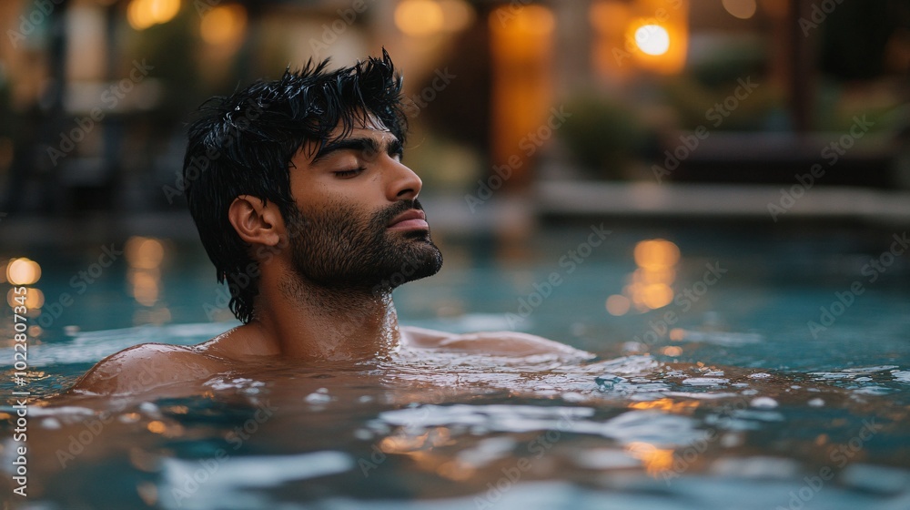 Poster man taking a deep breath in a cold water tub with facial expression of intense focus stock photo wit