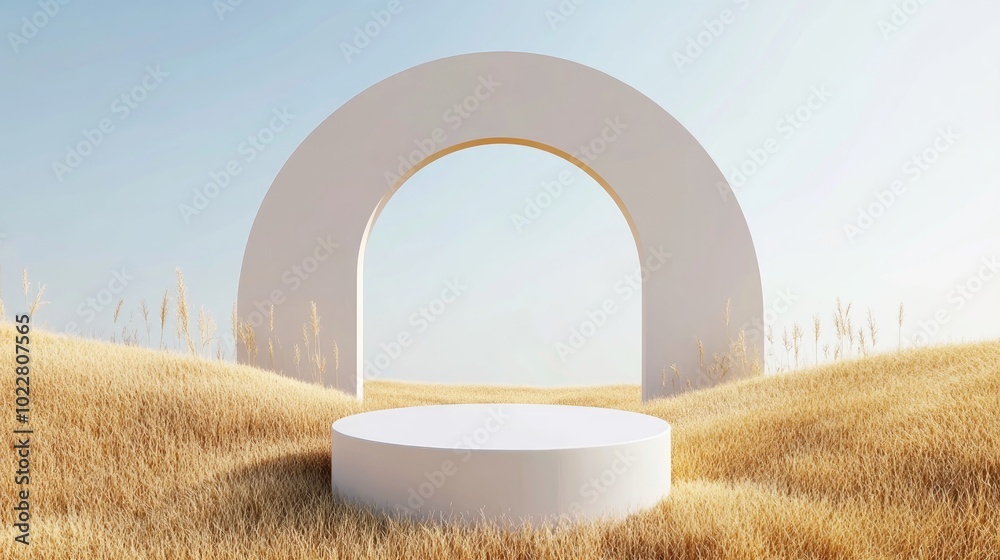 Aufkleber 3D podium background featuring a pedestal on dry grass Summer product display scene with a classical arch studio setting Minimalist showcase 3D render for advertisement and illustration