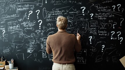 Person writing on a blackboard filled with complex equations and question marks, suggesting problem-solving or brainstorming activities.