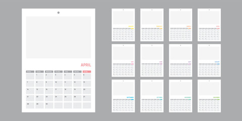 2025 wall Calendar week start Monday 12 month color corporate design template vector.