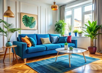 Fototapeta premium Stylish Blue Couch in Modern Living Room with Cozy Decor and Bright Natural Light Streaming In
