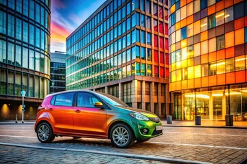 Stylish compact car parked on urban street with modern architecture in the background during daytime