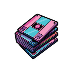 A stack of vintage floppy disks in pink, blue, and purple, with a black outline and a white background.