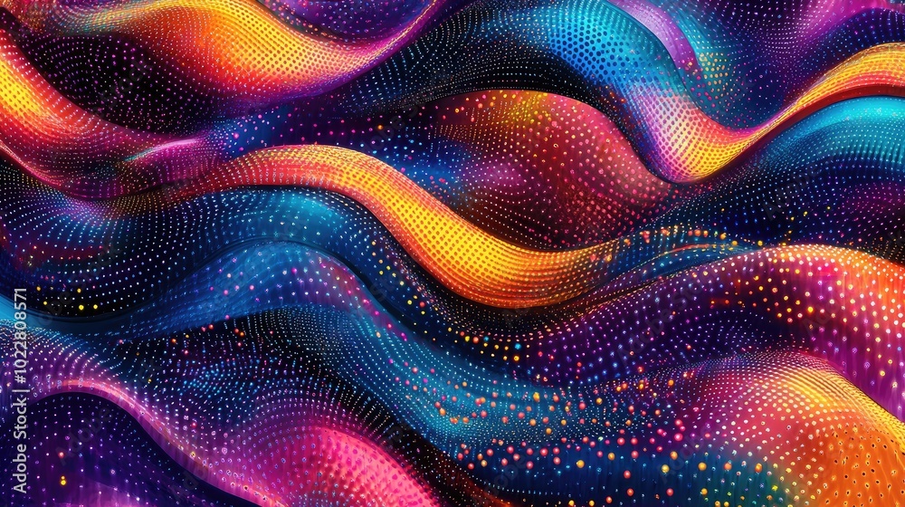 Aufkleber Abstract psychedelic waves background featuring vibrant pop dots and deep colors creating a fantastical texture