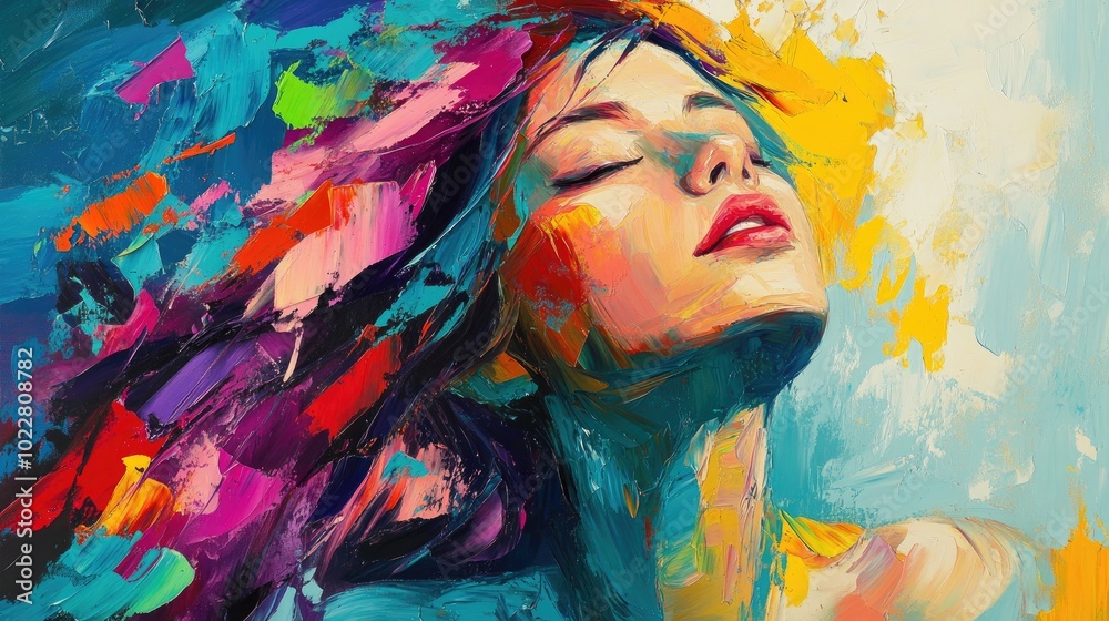 Poster abstract oil painting of a girl using a palette knife on canvas featuring vibrant colors and a dynam