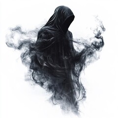 Fototapeta premium A faceless hooded wraith, with dark smoke trailing behind as it flies, on a white background