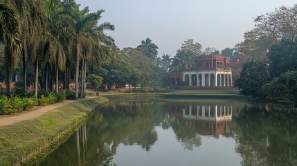 Obraz premium A tranquil pond reflects a grand building in a lush green garden with palm trees.