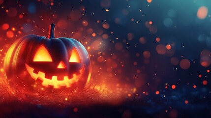 Fototapeta premium Halloween banner with Jack-o'-lantern on blurred background with Halloween greetings and celebrations.