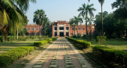 Fototapeta premium A brick building with a symmetrical facade and a long driveway lined with palm trees and hedges.