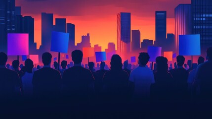 Silhouetted crowd holding signs against a vibrant sunset backdrop in an urban setting.