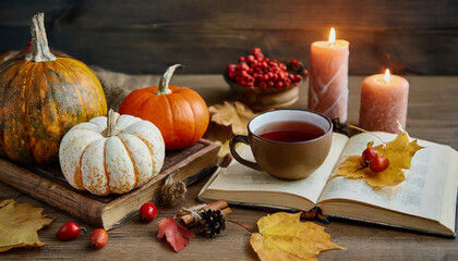 Fototapeta premium Cozy autumn arrangement with pumpkins, tea, candles, and a book on a rustic wooden table