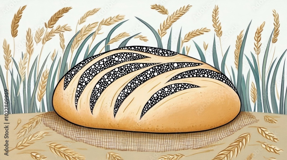 Poster Bread on Burlap Background with Wheat Elements