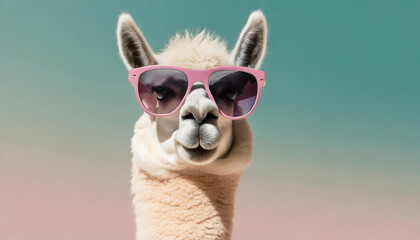 A fashionable llama posing with pink sunglasses against a colorful pastel backdrop during daylight