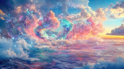 A vibrant and imaginative ocean seascape filled with color and surreal elements