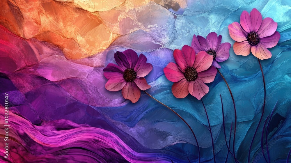 Poster artistic depiction of flowers on wavy stems featuring a vibrant and textured background with fluid w
