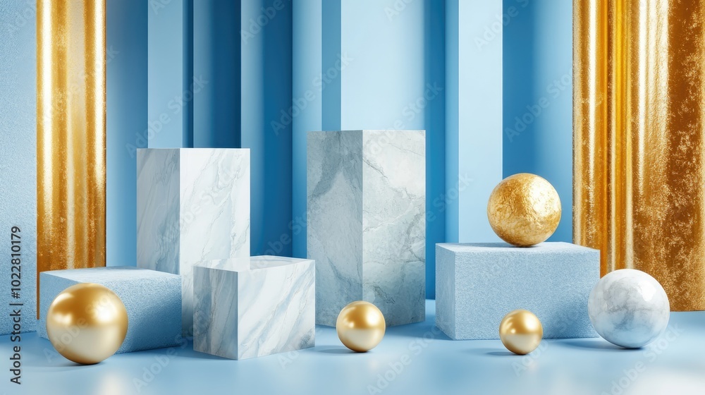 Poster 3d rendering of a blue scene featuring a collection of geometric shapes in gold marble