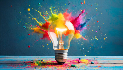 A vibrant explosion of colors surrounds a light bulb on a wooden surface, showcasing creativity and ideas in abstract art
