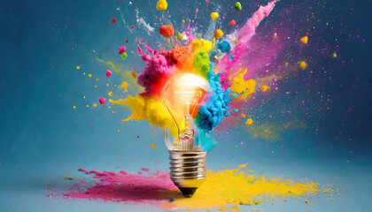 Creative explosion of colors around a light bulb representing innovative ideas and inspiration in a vibrant artistic setting