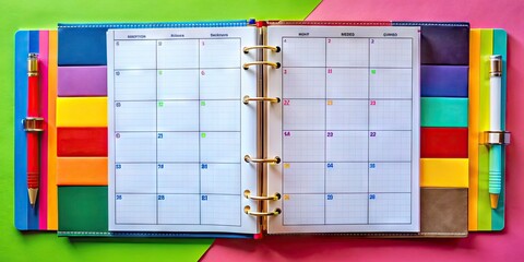 Stylish Planner Layout with Colorful Sections, Note Space, and Monthly Calendar Design for Organizing