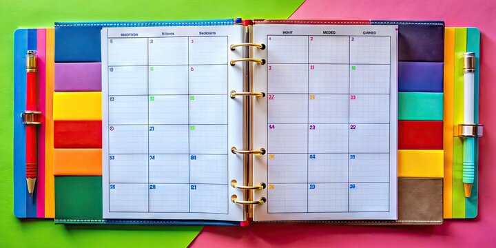 Stylish Planner Layout with Colorful Sections, Note Space, and Monthly Calendar Design for Organizing