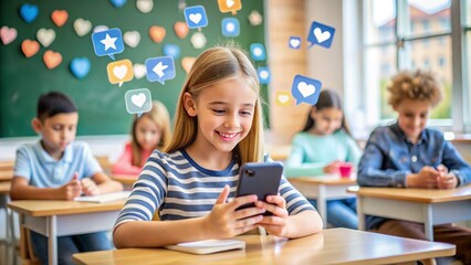 A happy girl uses her smartphone in a classroom, surrounded by social media icons, while other students focus on their tasks, highlighting digital interaction.
