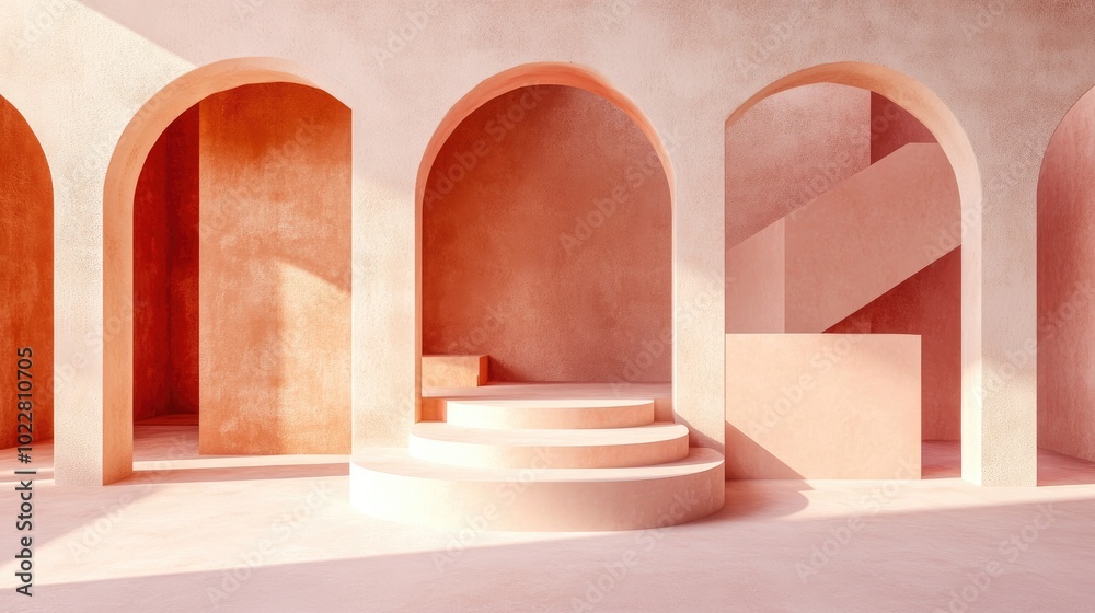 Poster 3d rendered illustration featuring modern geometric shapes including arches and stairs within a styl