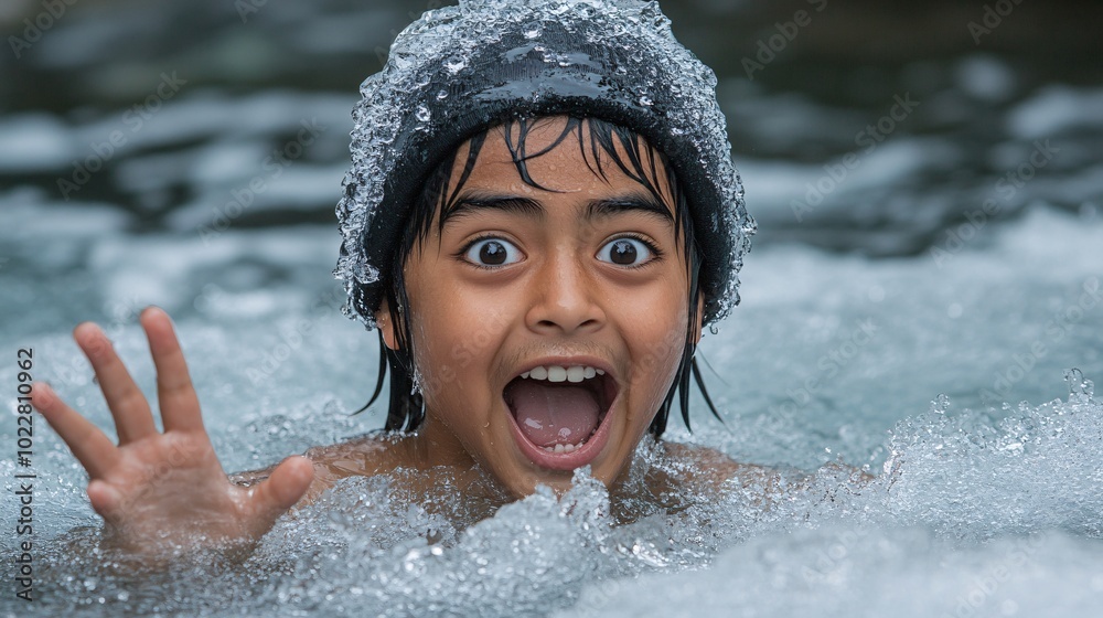 Aufkleber person emerging from icy water with intense facial expression of shock and thrill stock photo with s