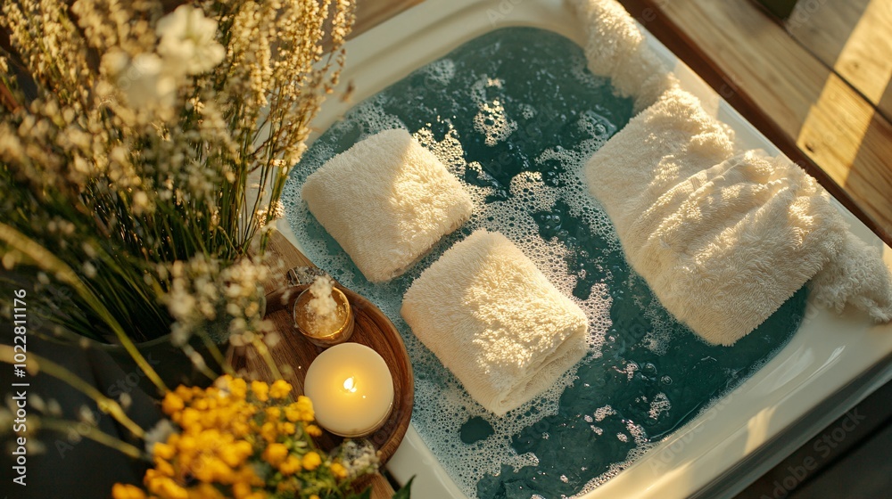 Aufkleber View from above of a modern ice bath setup with soft towels and candles Stock Photo with side copy space