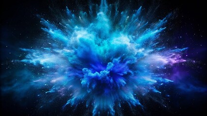 A dramatic explosion of blue and purple powder, captured mid-air, creating a stunning and vibrant display of color and energy against a dark background.
