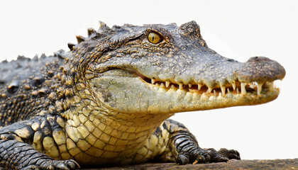 A close-up view of a crocodile resting on a log near a riverbank under the sun in a tropical environment during the afternoon