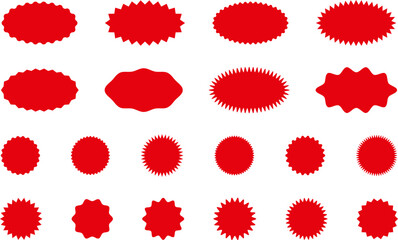 Starburst red sticker set - collection of special offer sale round and oval sunburst labels and buttons isolated on white background. Promo stickers with star edges. Vector