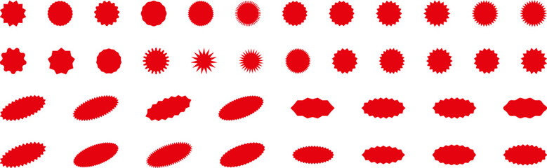 Starburst red sticker set - collection of special offer sale round and oval sunburst labels and buttons isolated on white background. Promo stickers with star edges. Vector